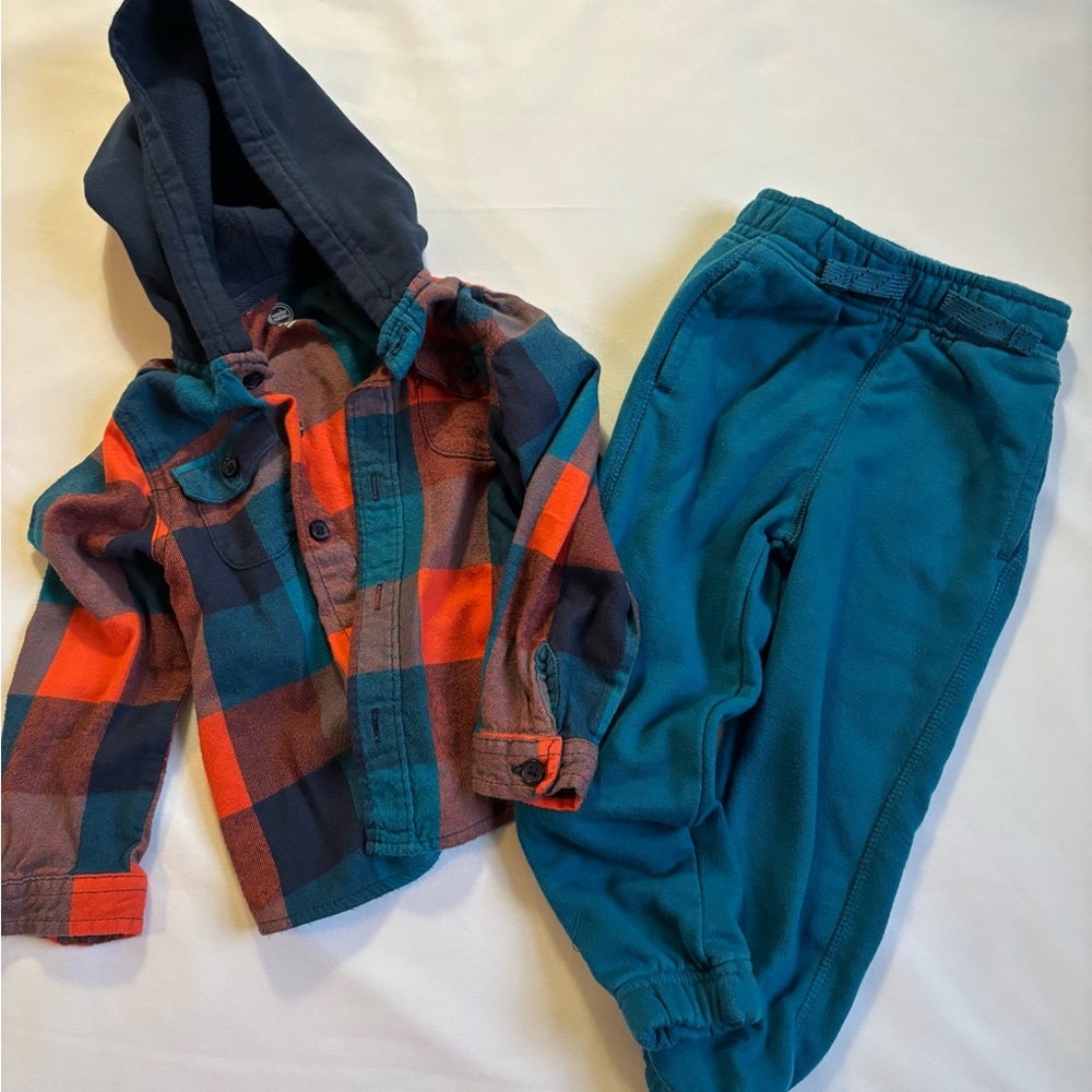BUNDLE wonder nation Plaid hooded shirt with Garanimals Teal sweatpants